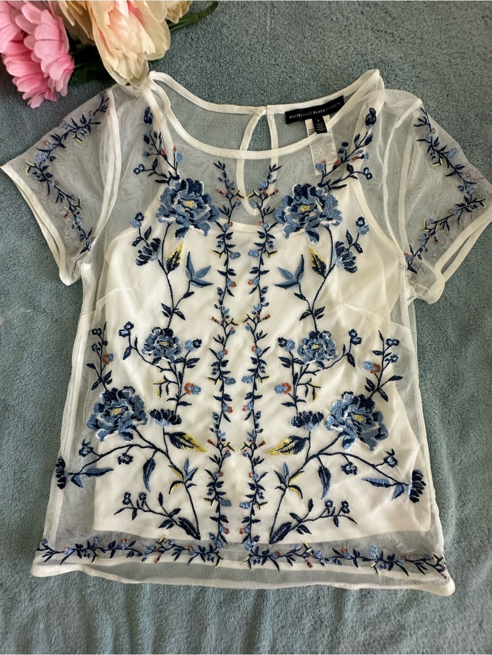 White House Black Market Sheer White Top with Blue Floral Embroidery